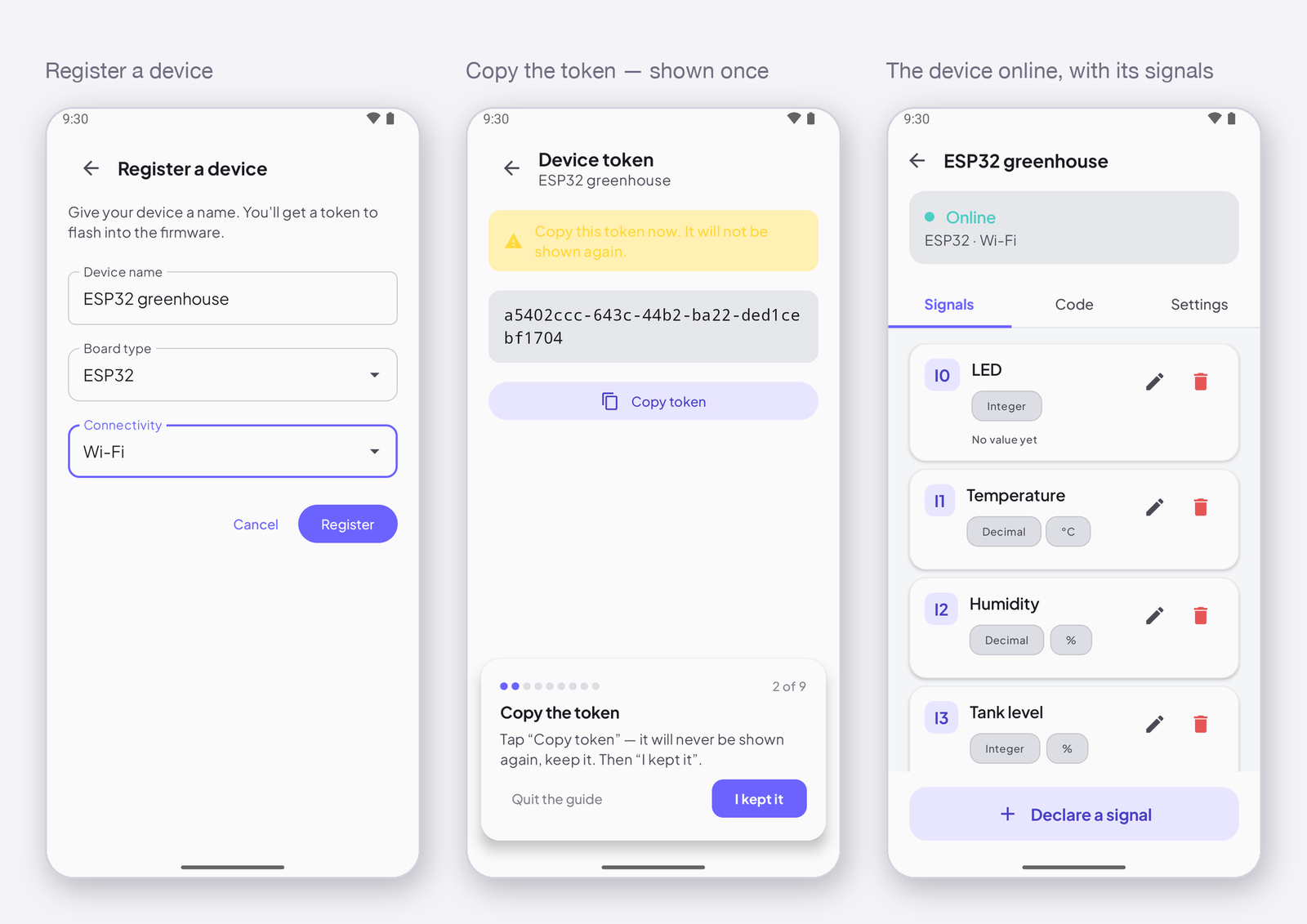 Register a device · copy the token · the device online