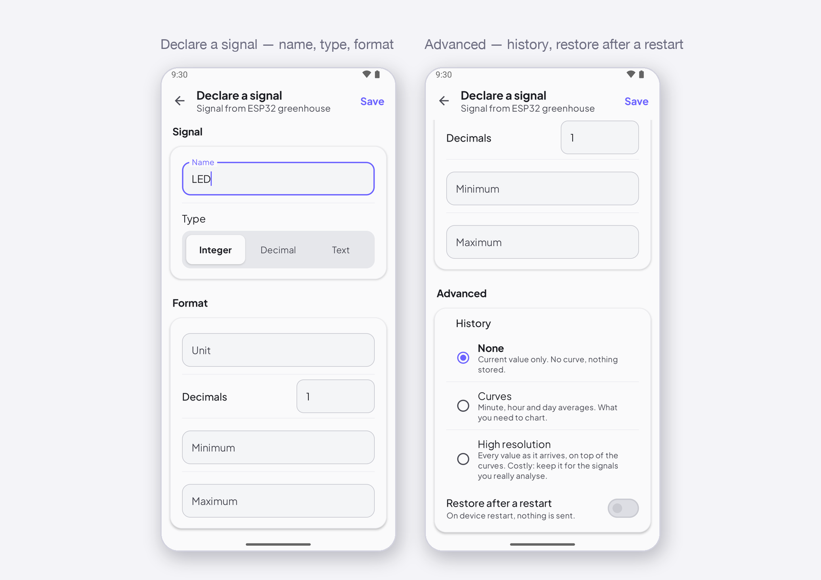 Signals: types, format and history