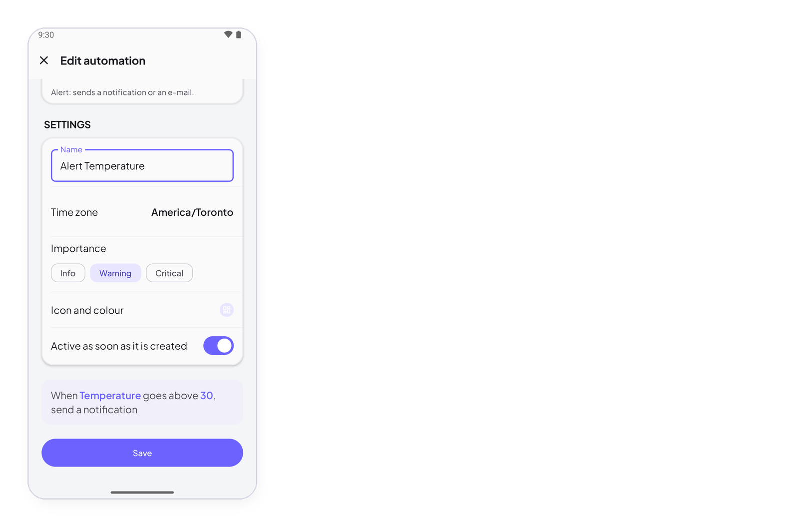 Rule settings: name, time zone, importance, active