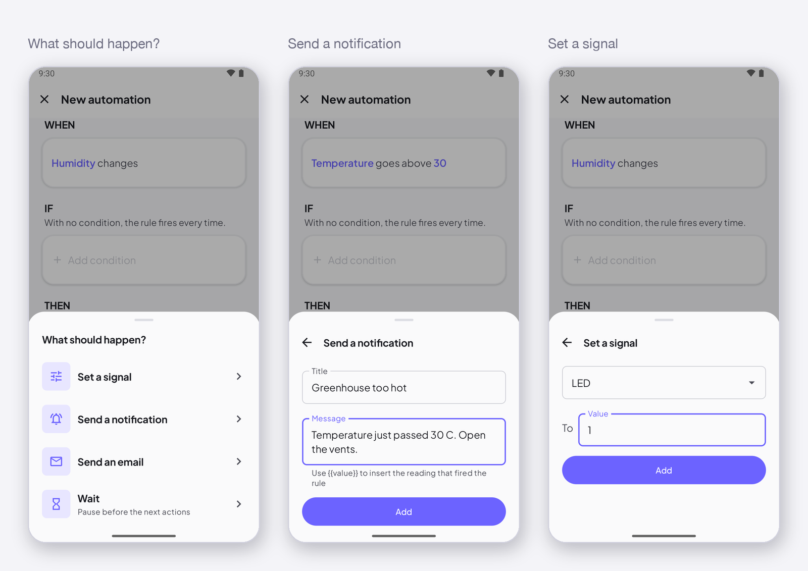Actions: send a notification, send an e-mail, set a signal, wait