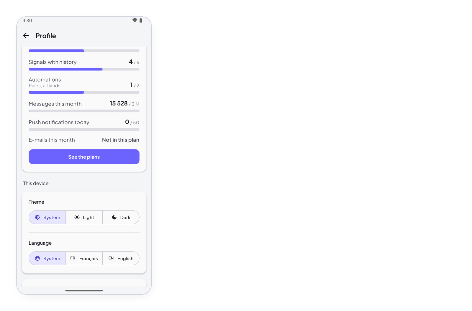 This device — theme, language, my servers
