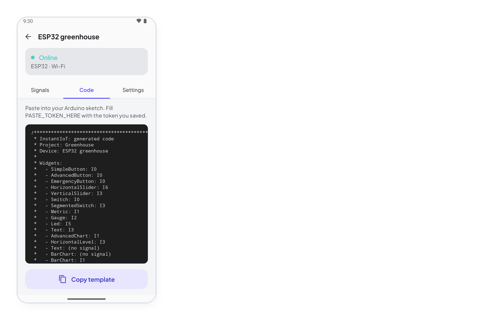 The Code tab — Copy template