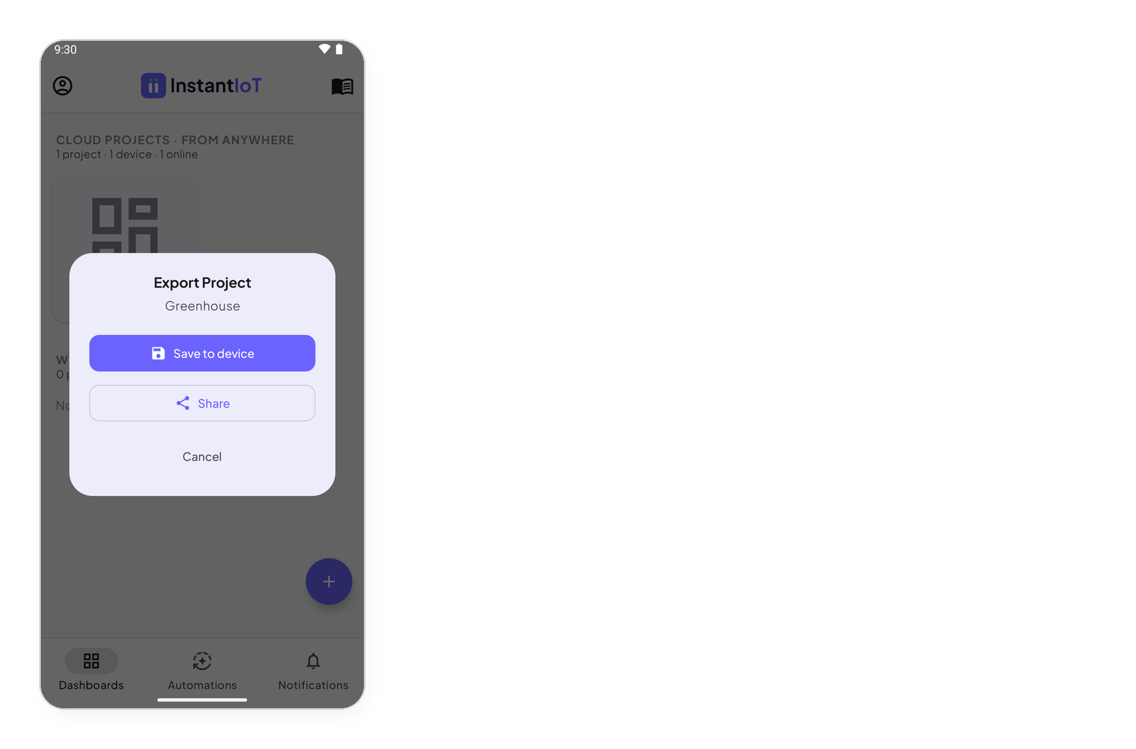 Export project — Save to device, Share
