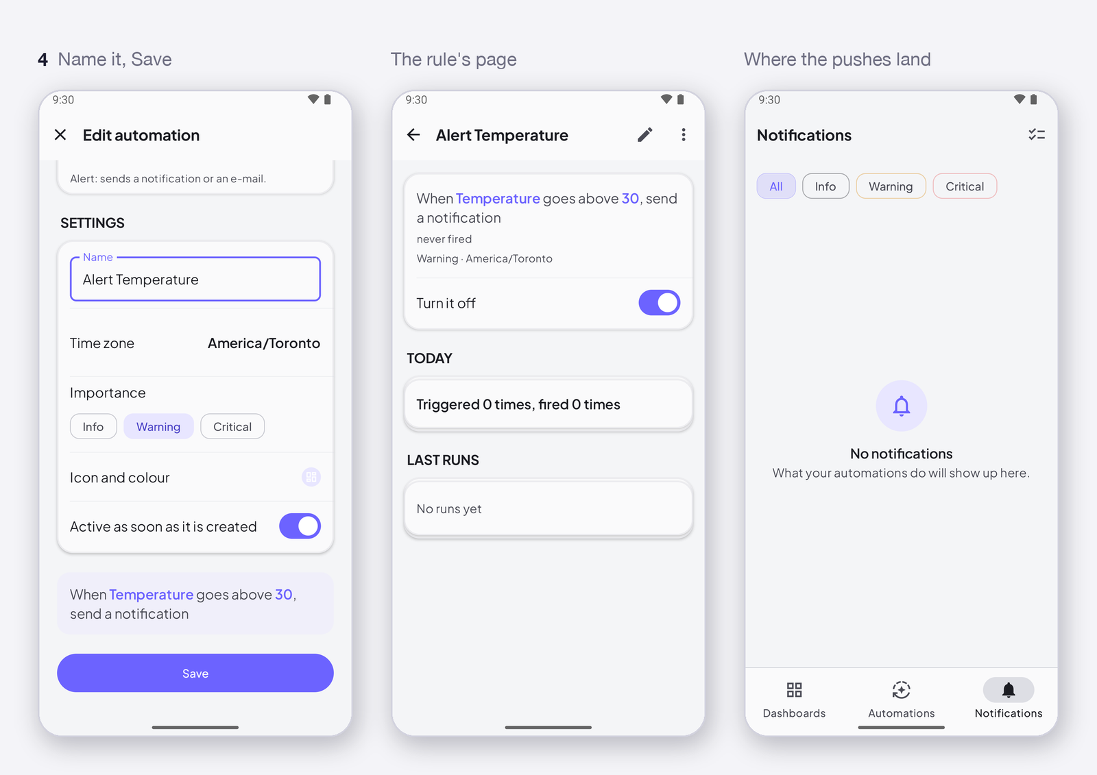 Saved, the rule's page, the Notifications screen