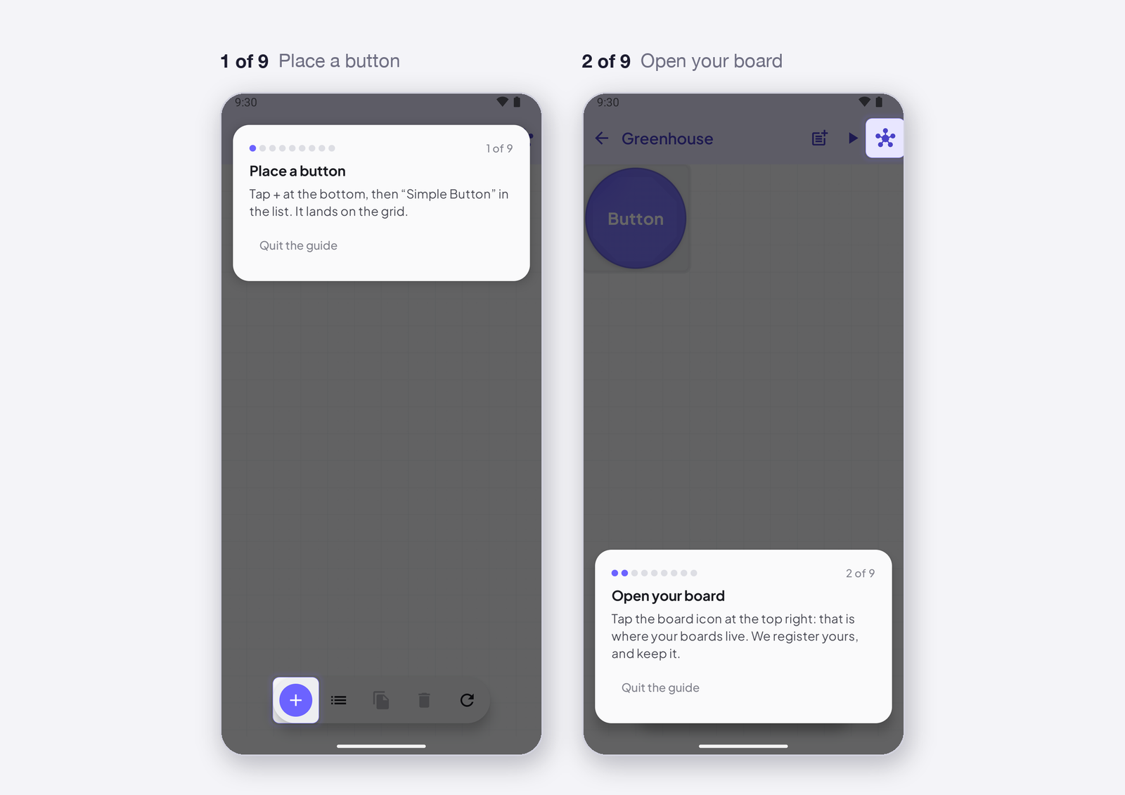 1 of 9 place a button · 2 of 9 open your device