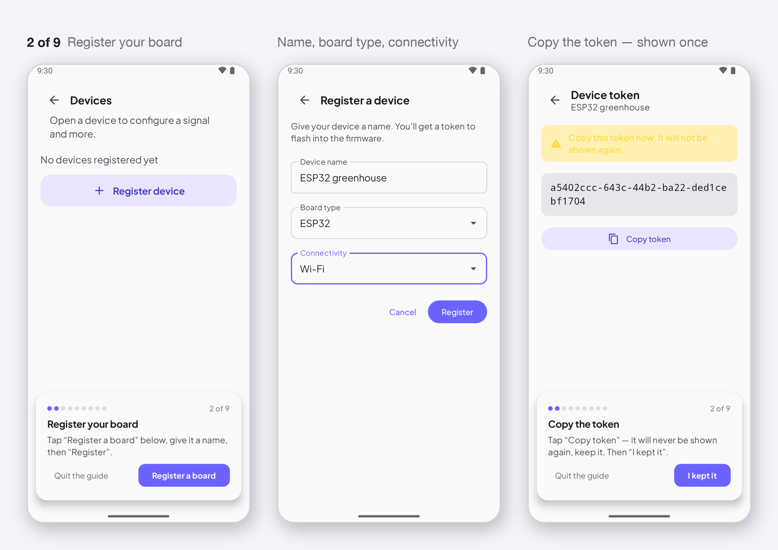 Register your board · the form · copy the token