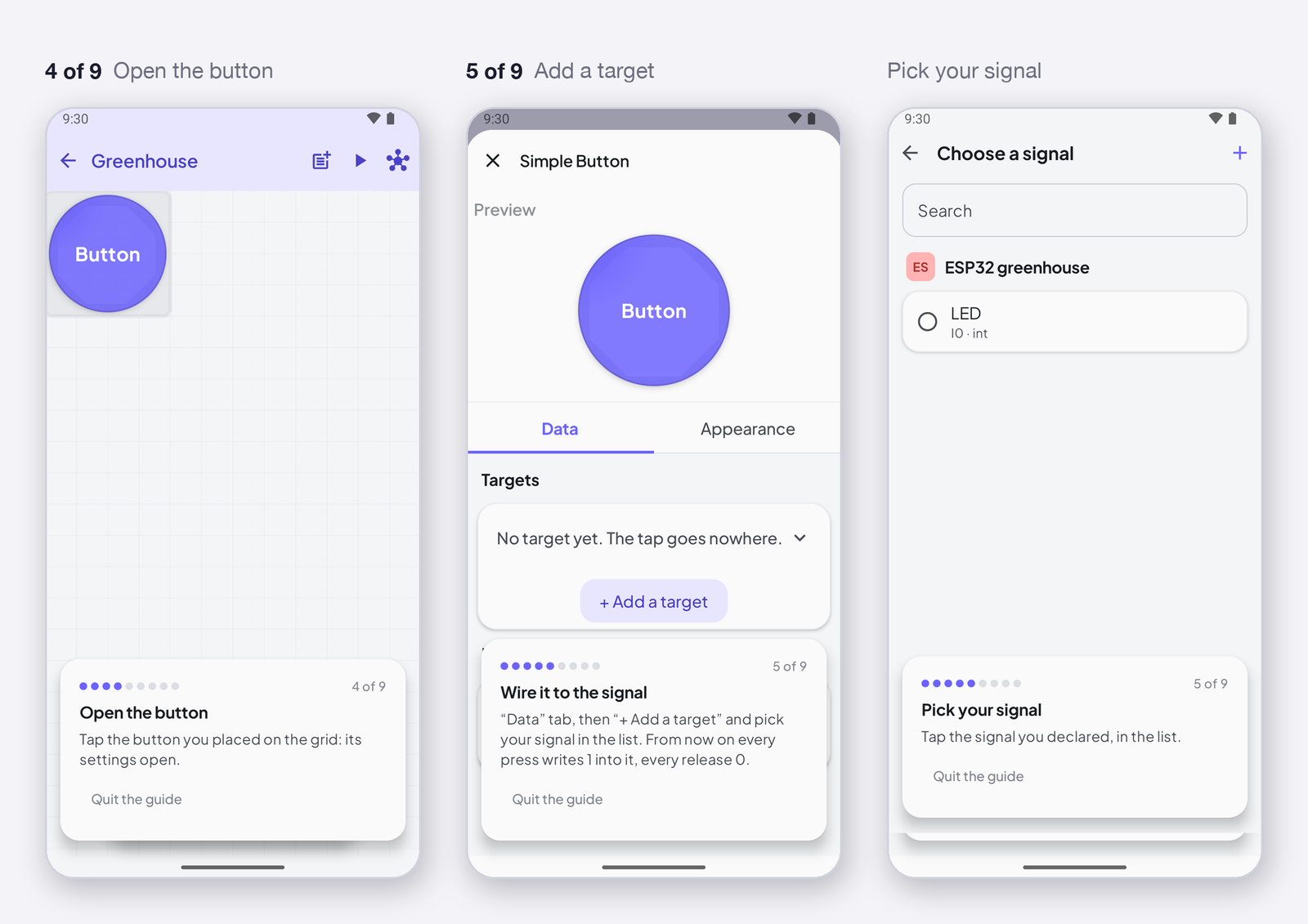 4 of 9 open the button · 5 of 9 add a target · pick your signal