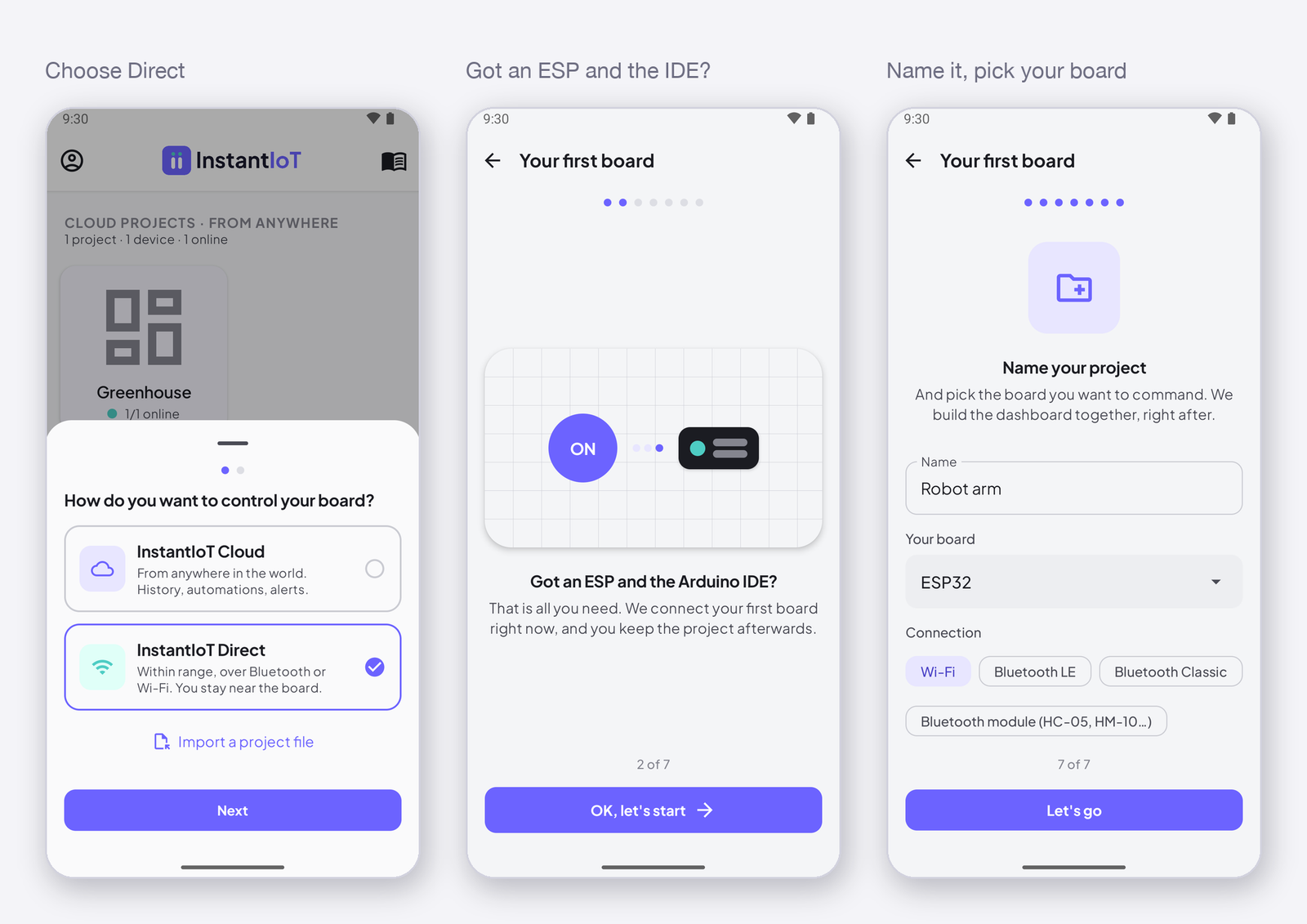 Choose Direct · Got an ESP? · name it, pick your device
