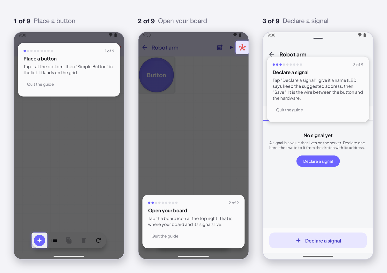 1 of 9 place a button · 2 of 9 open your device · 3 of 9 declare a signal