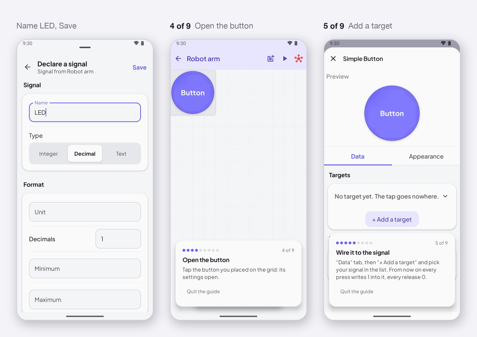 The signal form · 4 of 9 open the button · 5 of 9 add a target
