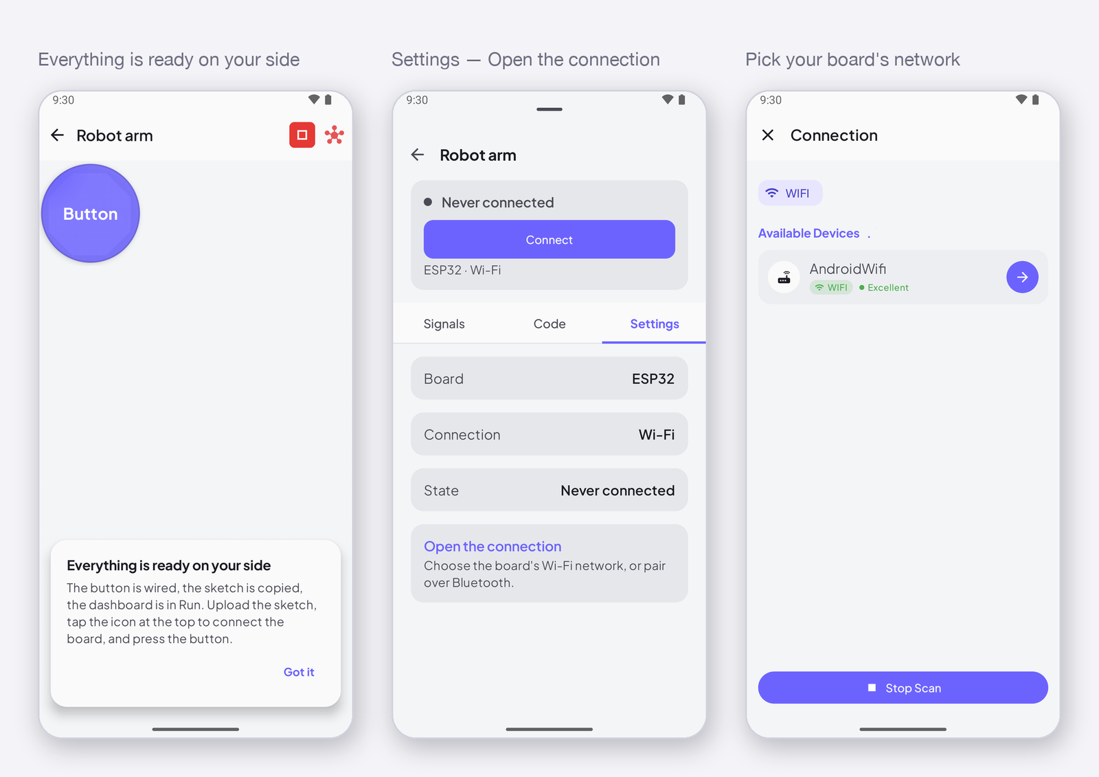 Everything is ready · Settings · pick your device's network