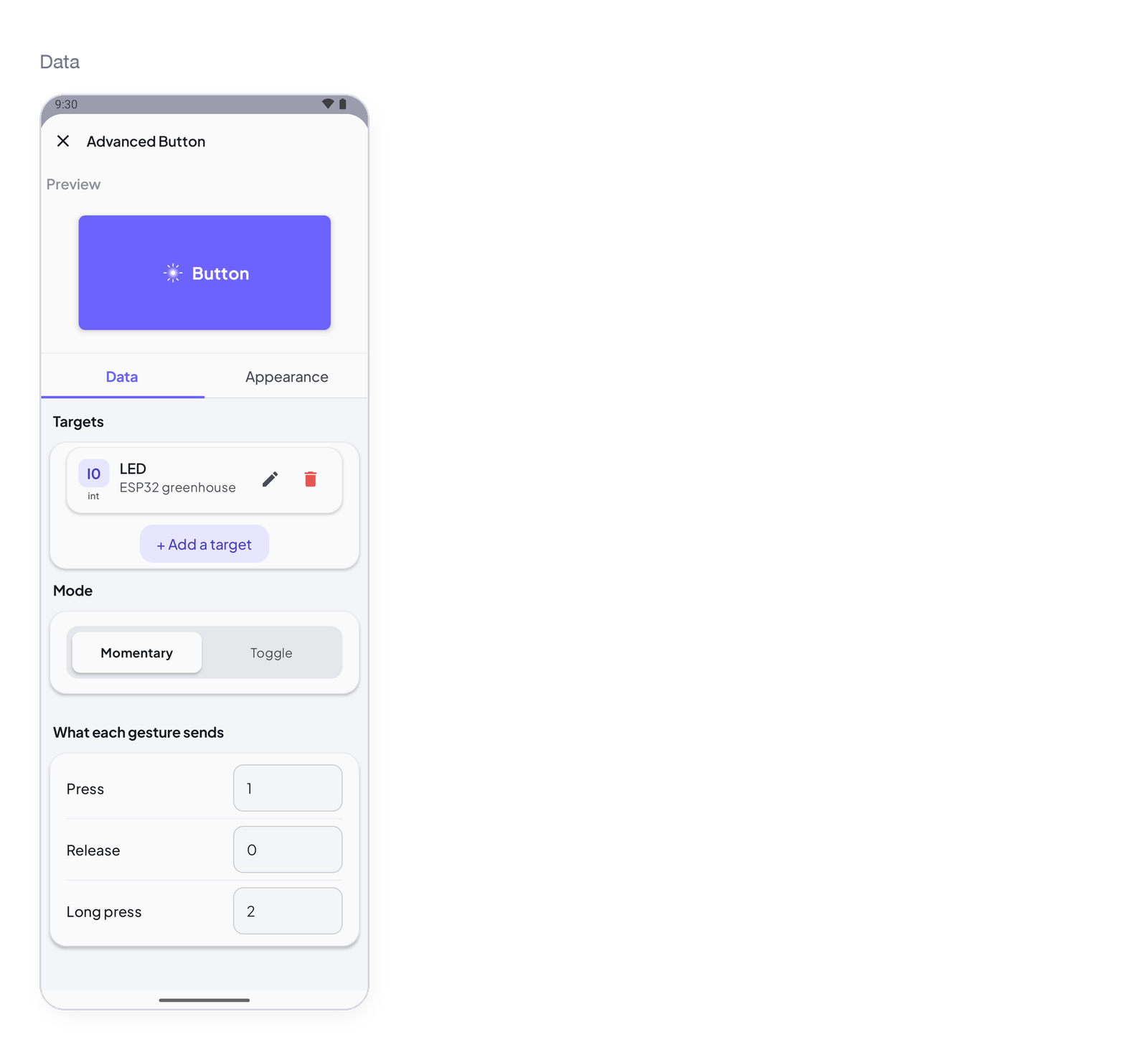 Advanced Button settings, Data tab