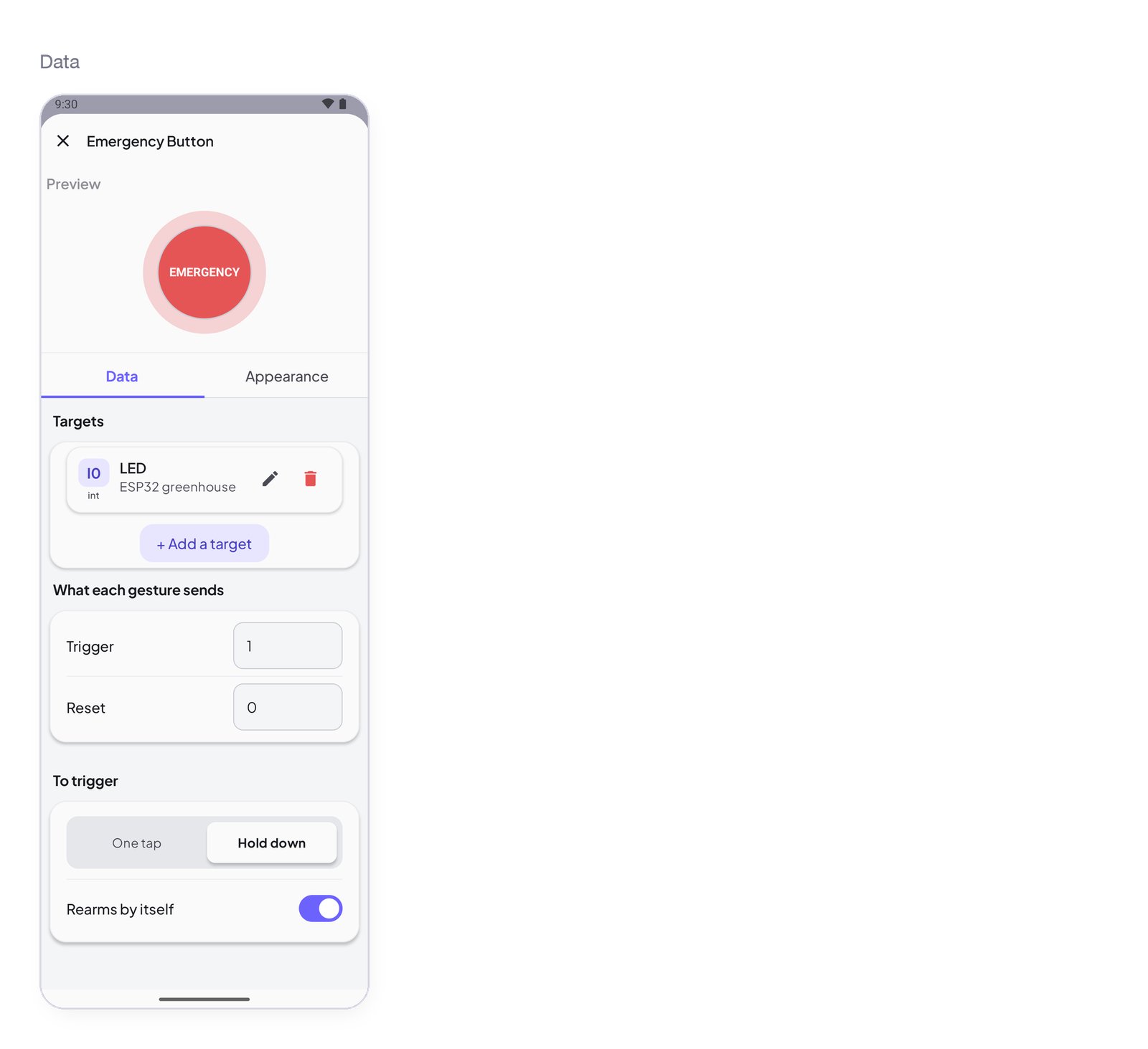 Emergency Button settings, Data tab