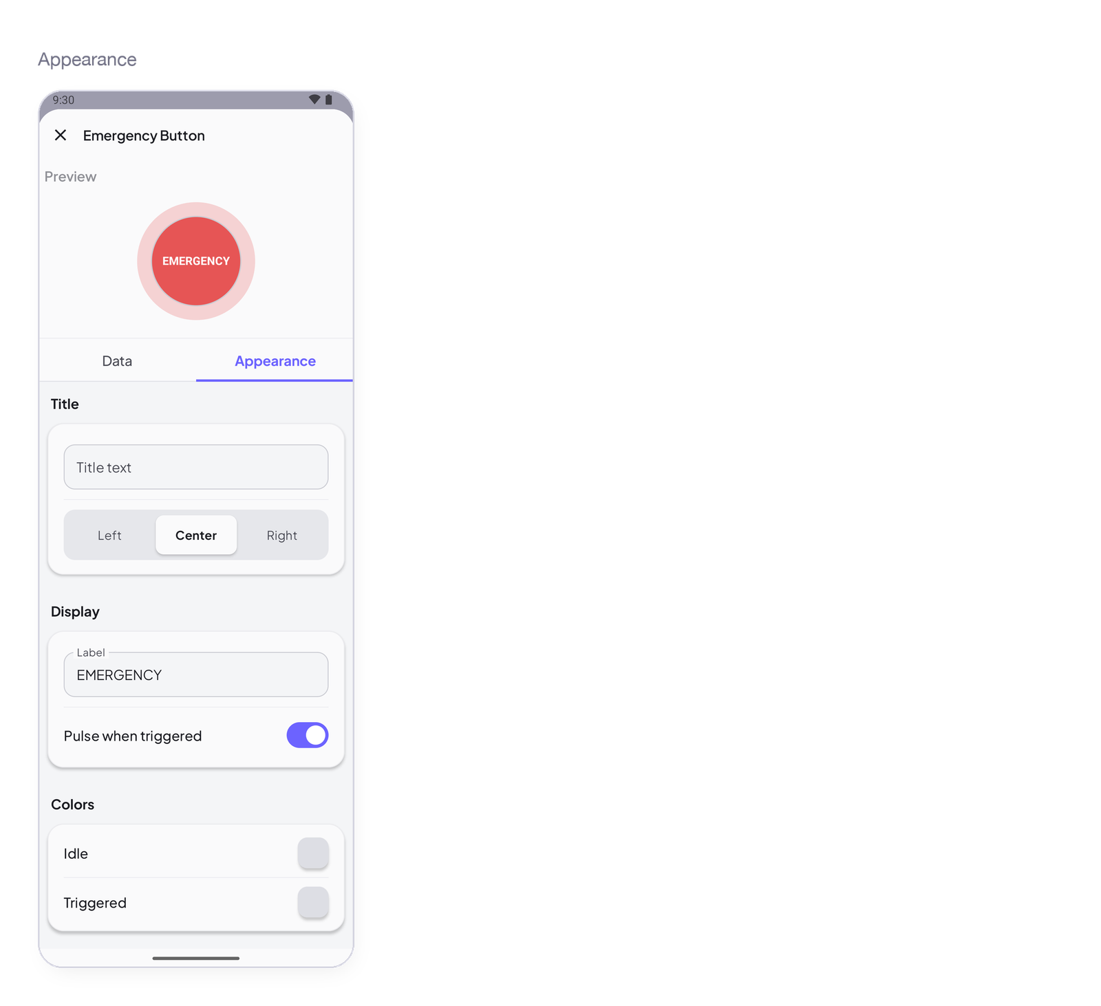 Emergency Button settings, Appearance tab