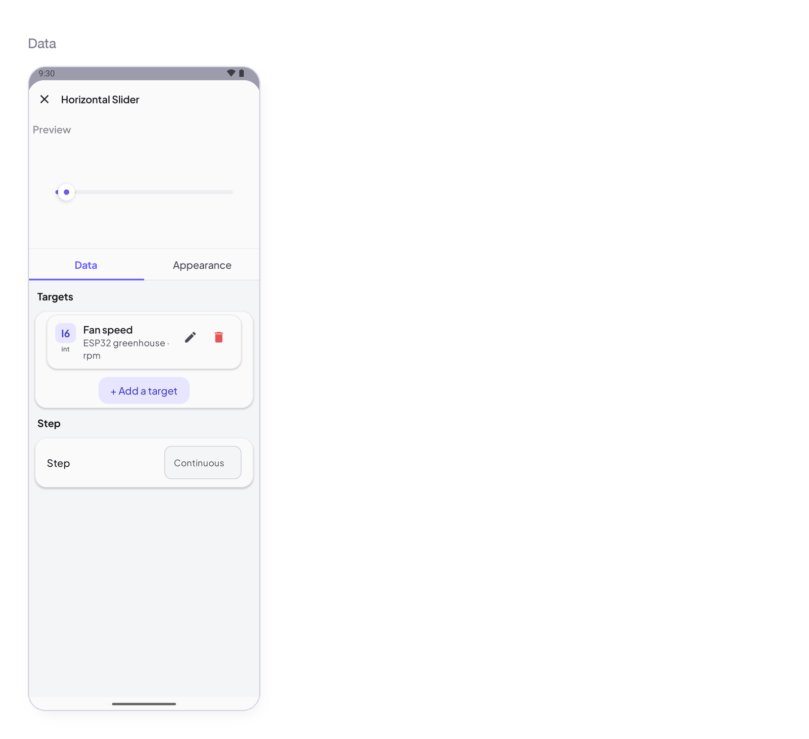 Horizontal Slider settings, Data tab