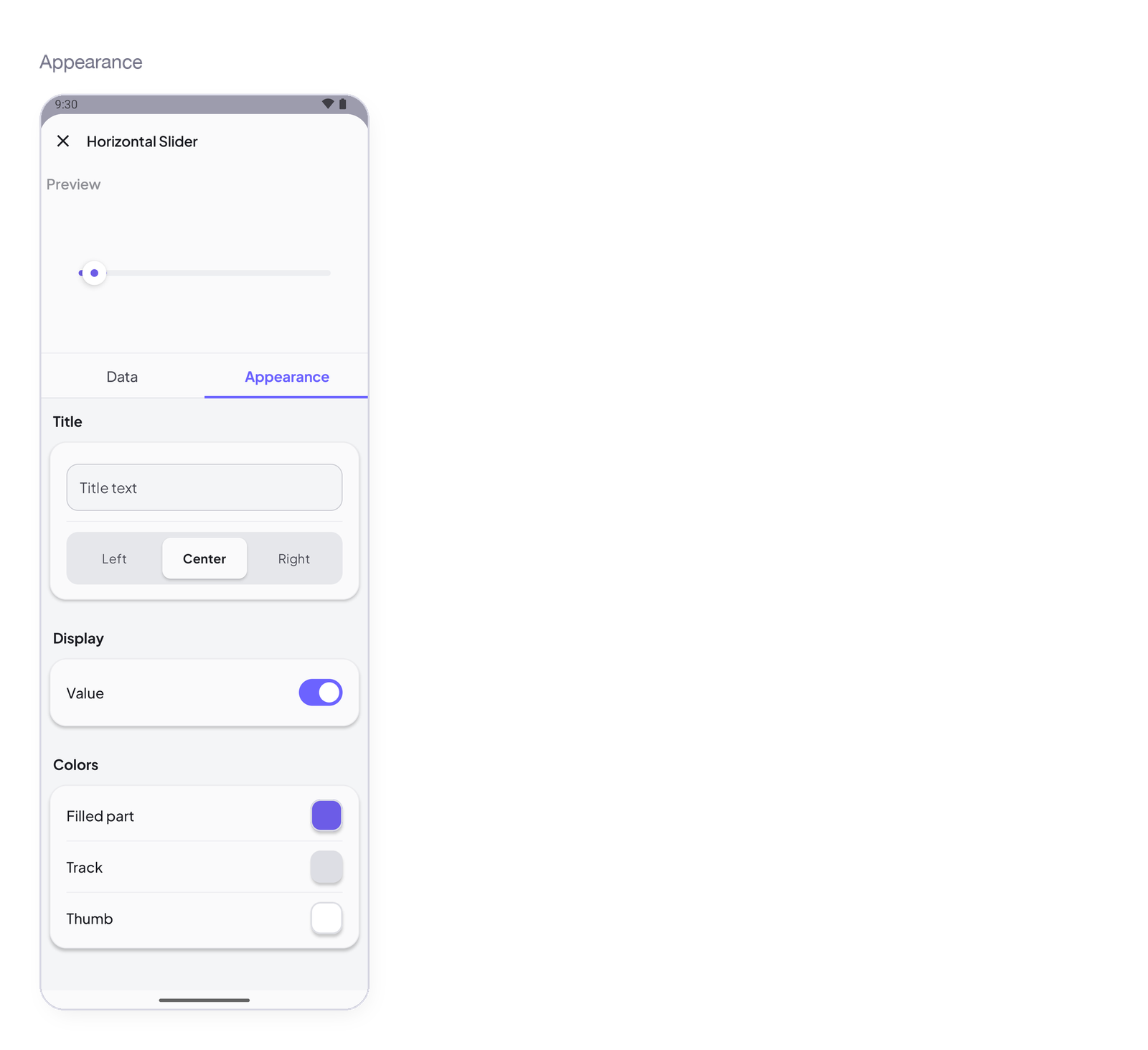 Horizontal Slider settings, Appearance tab