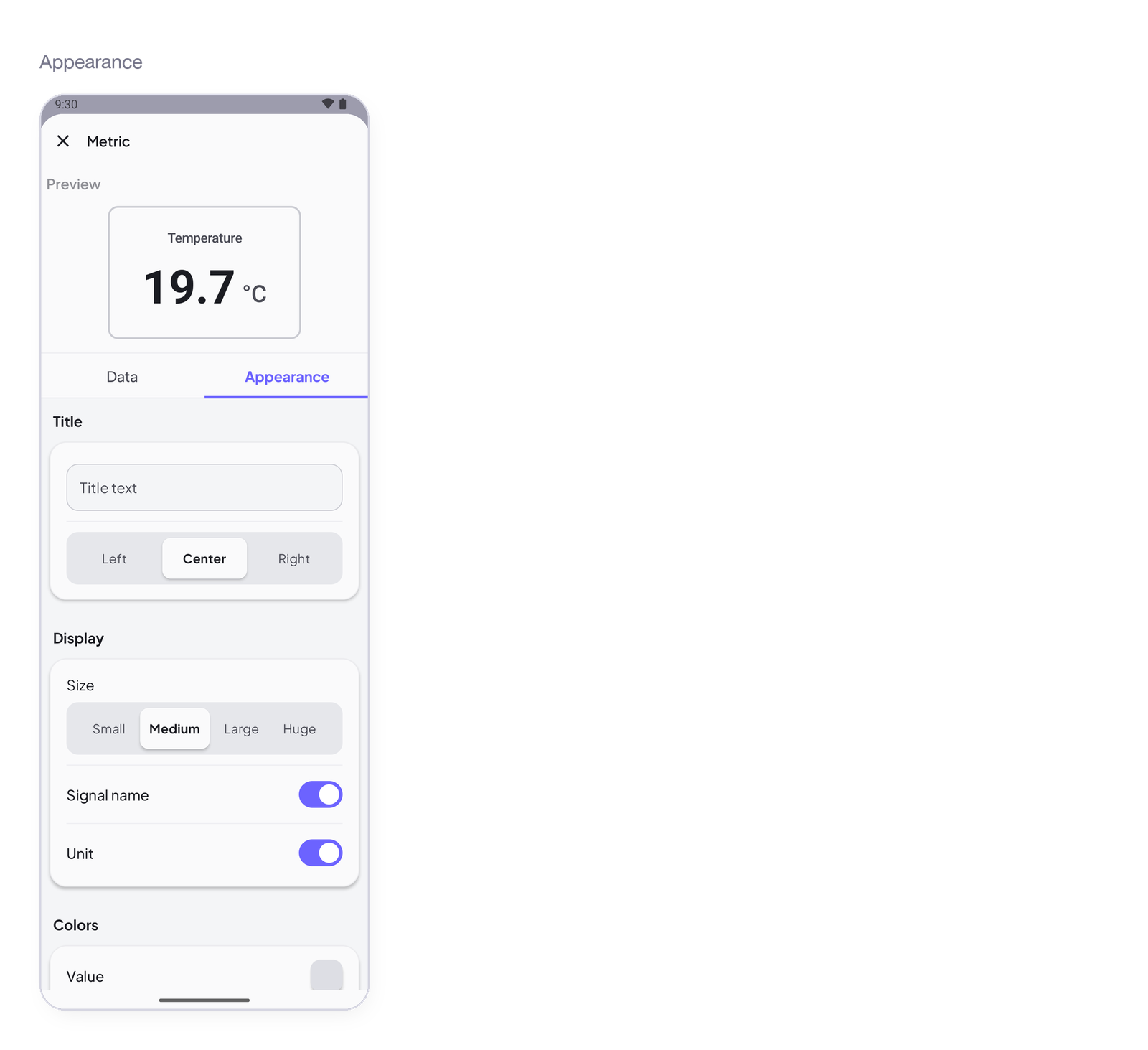 Metric settings, Appearance tab