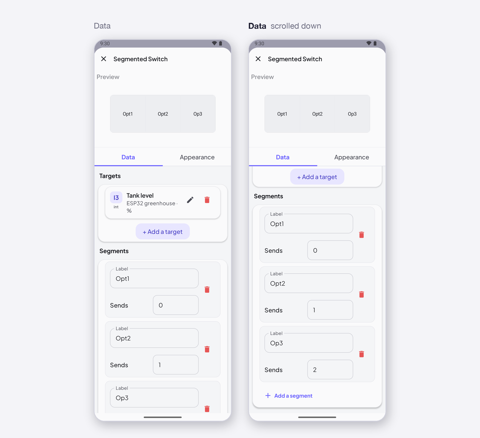 Segmented Switch settings, Data tab