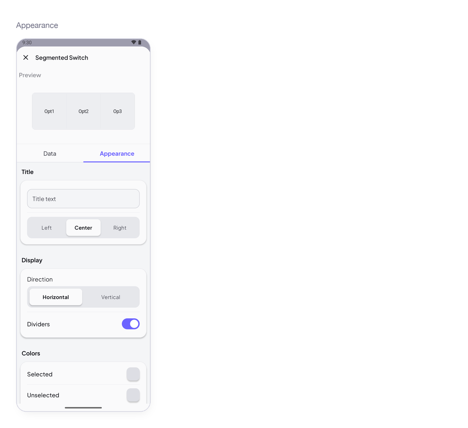 Segmented Switch settings, Appearance tab