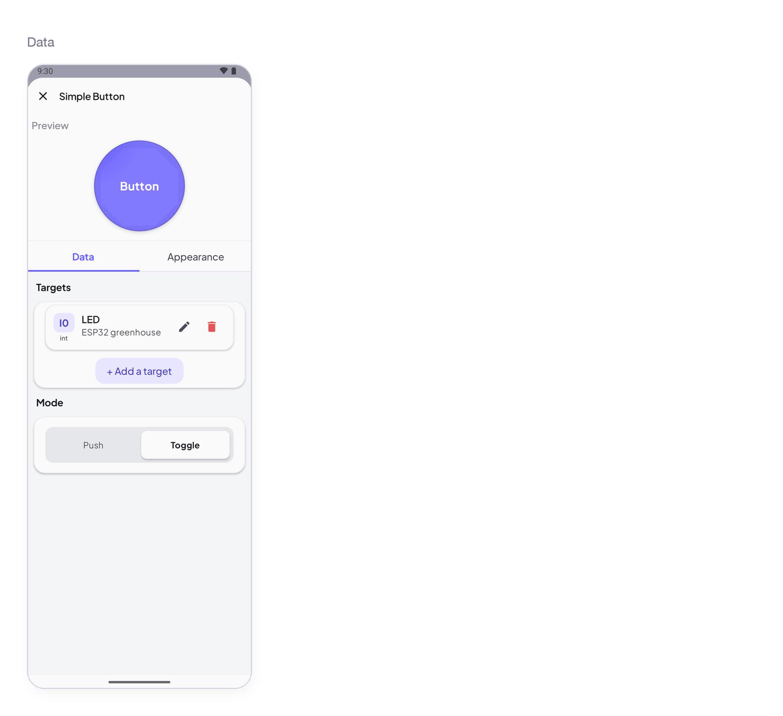 Simple Button settings, Data tab