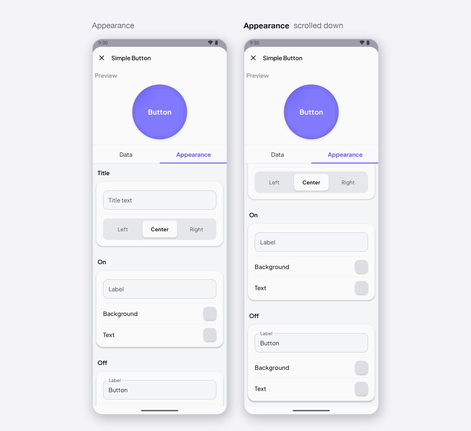 Simple Button settings, Appearance tab