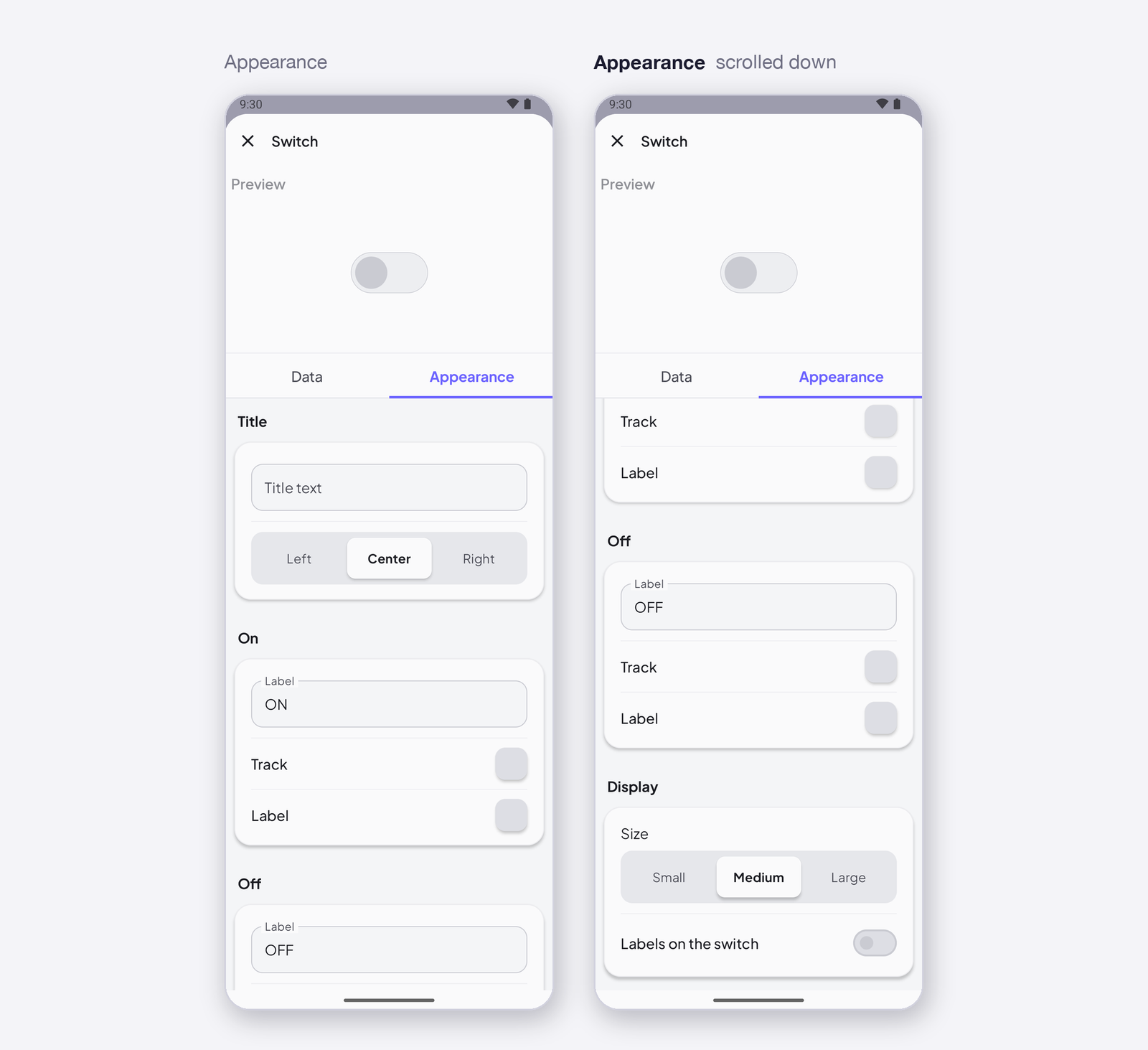 Switch settings, Appearance tab