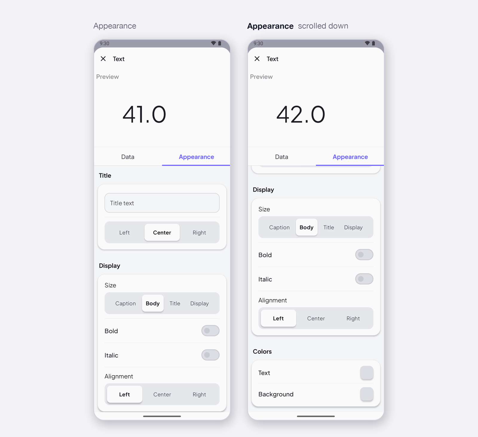 Text settings, Appearance tab