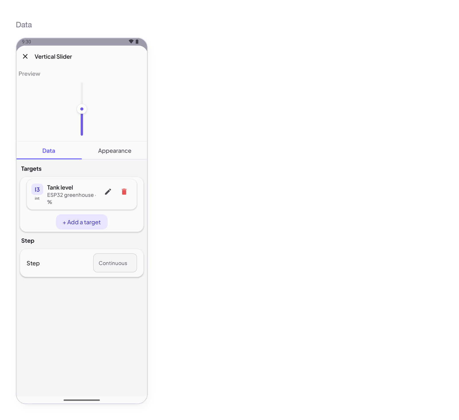 Vertical Slider settings, Data tab